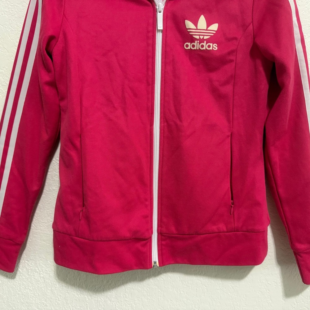 Vintage Adidas Women's Track Jacket Pink White Logo Zip Up Lips Lining Size S - Picture 3 of 10